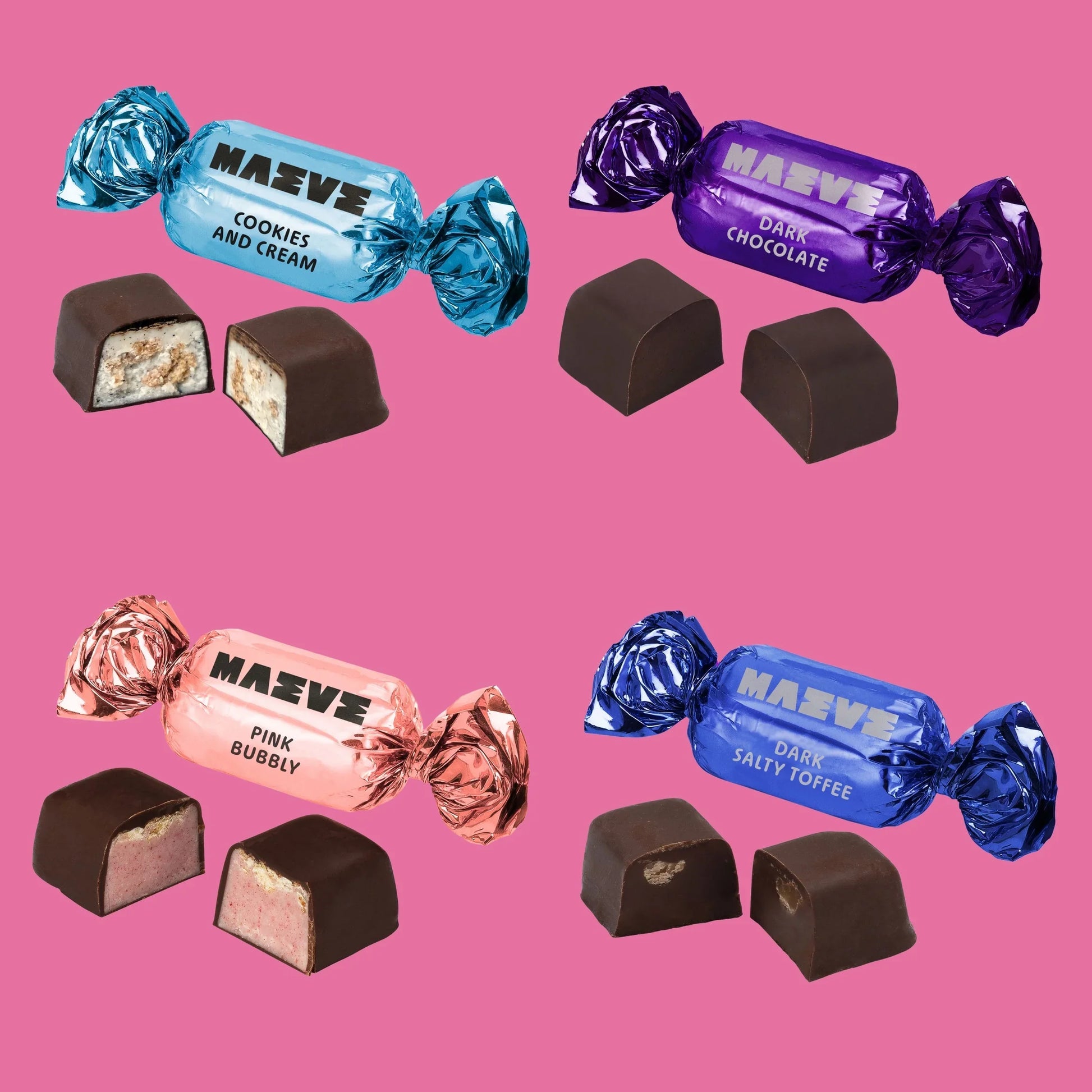 Maeve Spring Mix Bonbon Box with four foil-wrapped chocolates in blue, purple, pink
