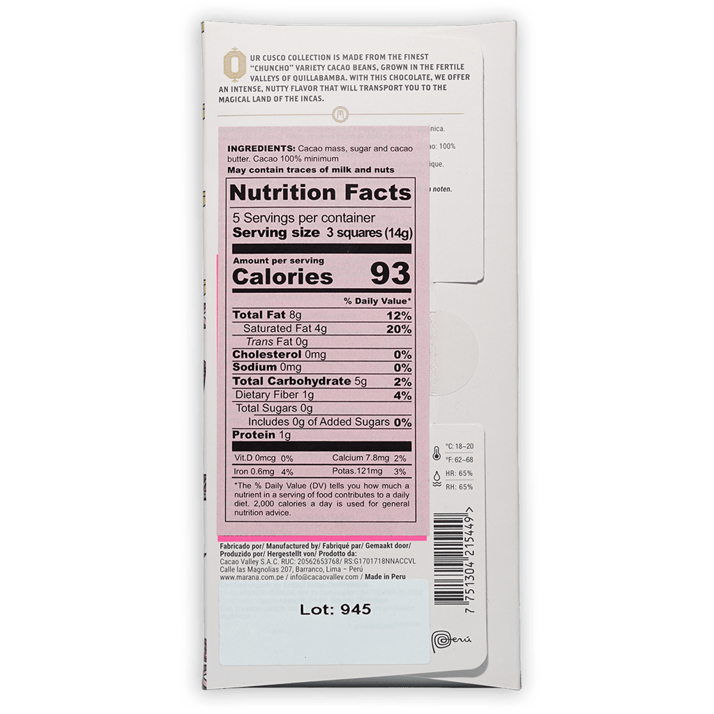 Marana Cusco Dark 100% white chocolate bar wrapper with pink label
