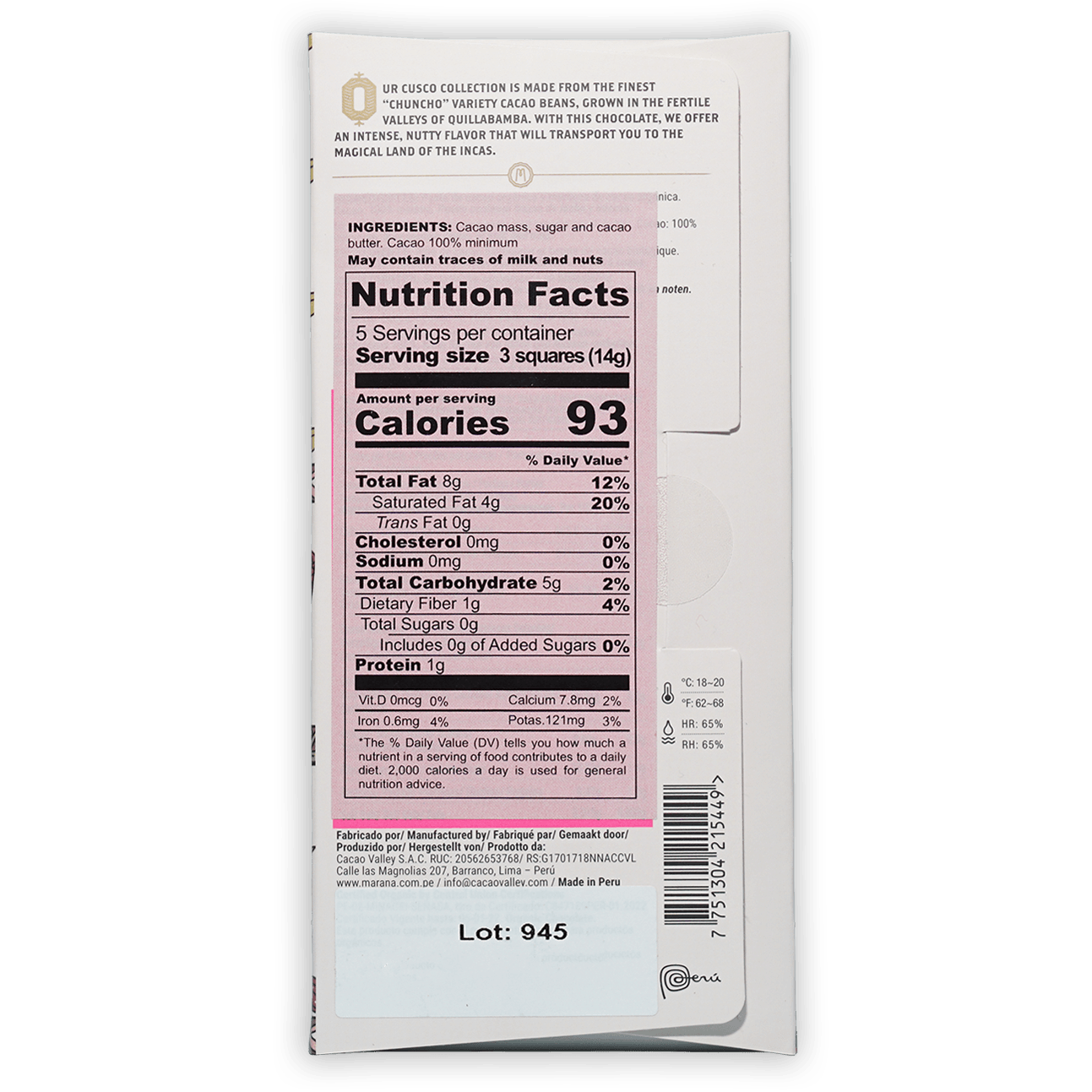 Marana Cusco Dark 100% white chocolate bar wrapper with pink label