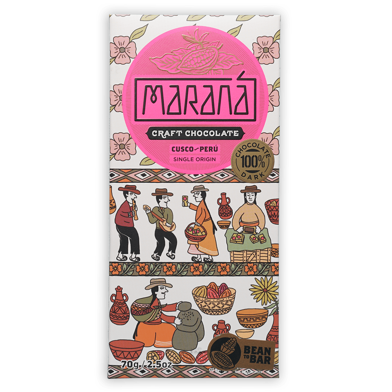 Marana Cusco Dark 100% chocolate bar in pink wrapper