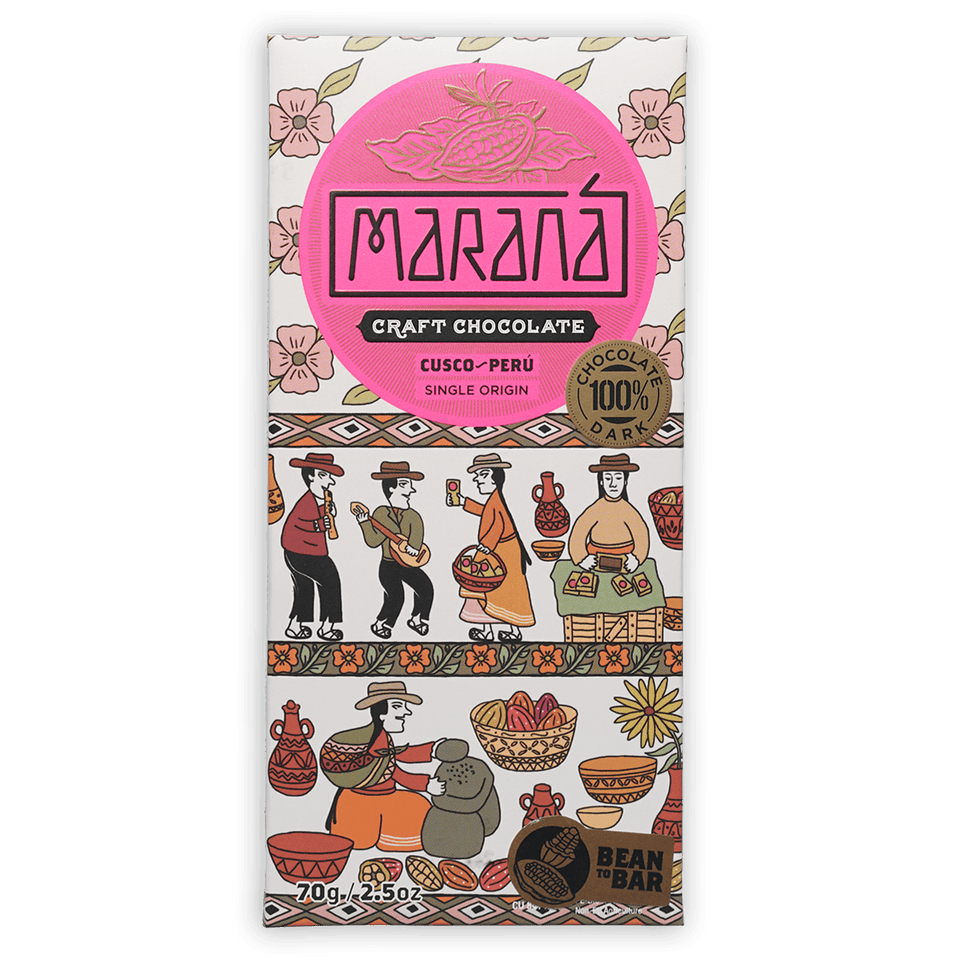 Marana Cusco Dark 100% chocolate bar in pink wrapper