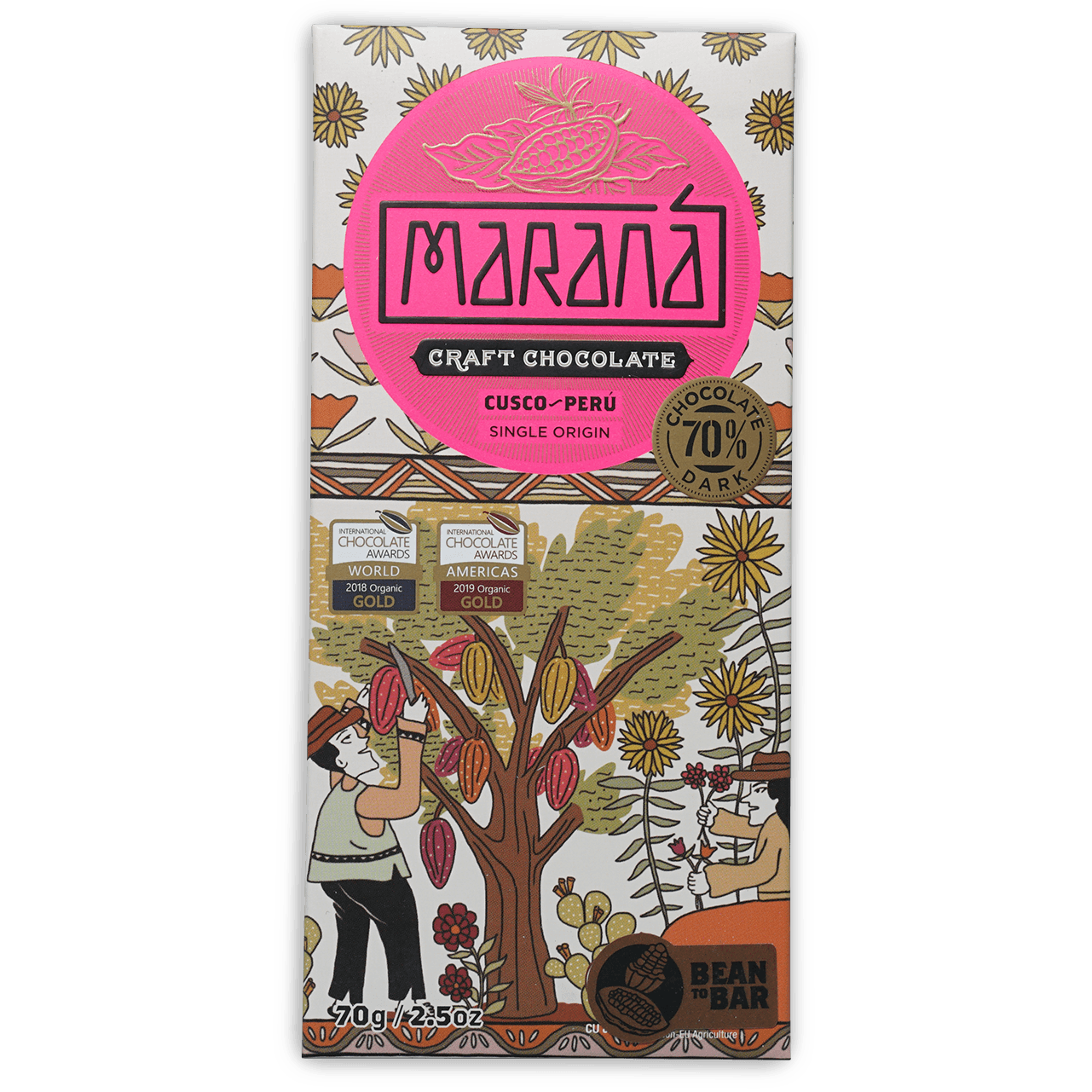Marana Cusco Dark 70% pink white wrapped craft chocolate bar from Peru