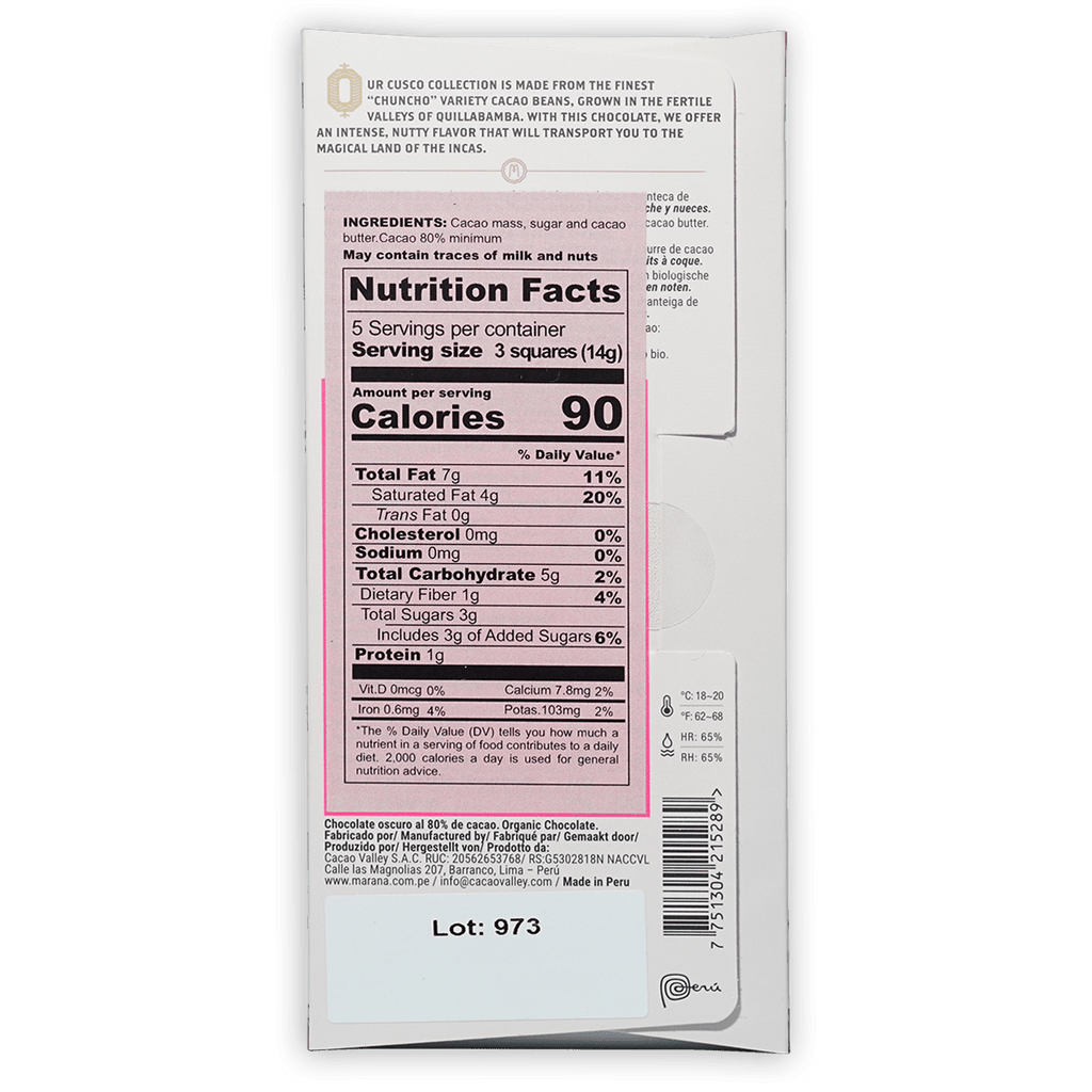 Back of Marana Cusco Dark 80% white chocolate bar wrapper with Ur Cusco collection nutrition facts