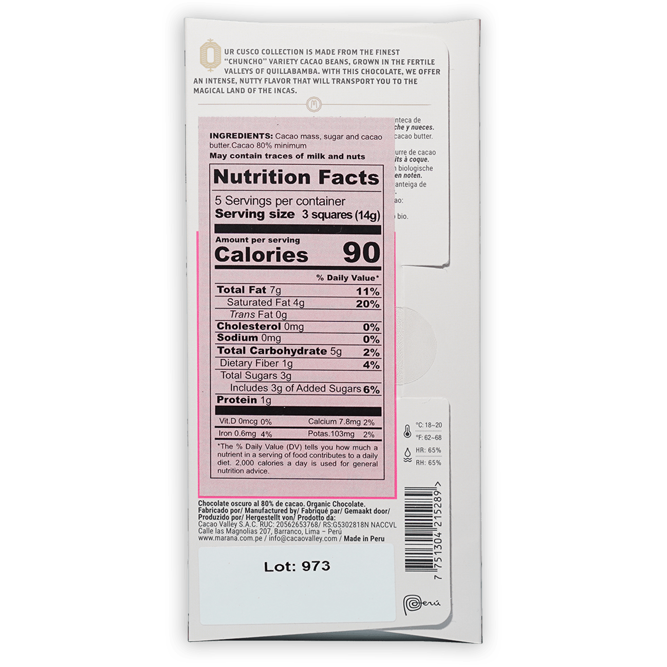 Back of Marana Cusco Dark 80% white chocolate bar wrapper with Ur Cusco collection nutrition facts