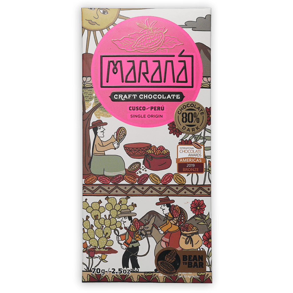 Marana Cusco Dark 80% craft chocolate bar, pink white wrapper, Peru origin