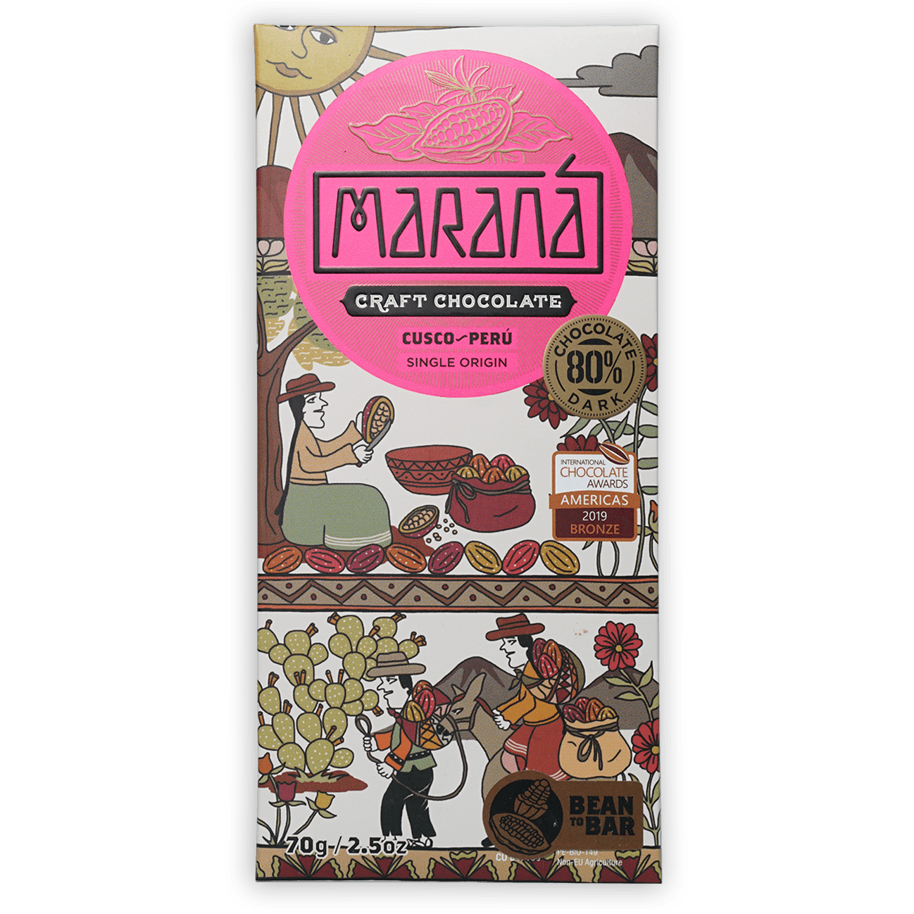 Marana Cusco Dark 80% craft chocolate bar, pink white wrapper, Peru origin