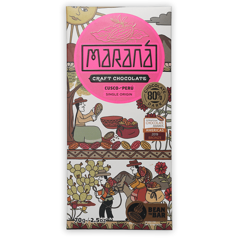 Marana Cusco Dark 80% craft chocolate bar, pink white wrapper, Peru origin