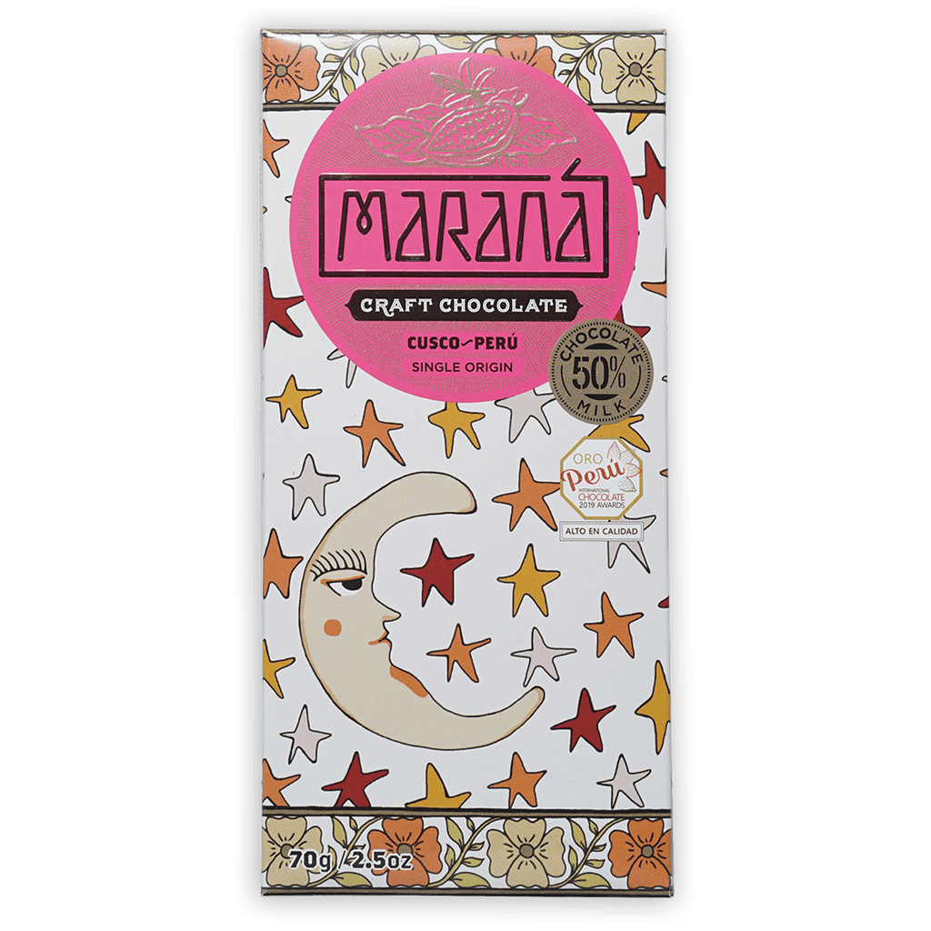 Marana Cusco Milk 50% pink white chocolate bar with moon and stars packaging