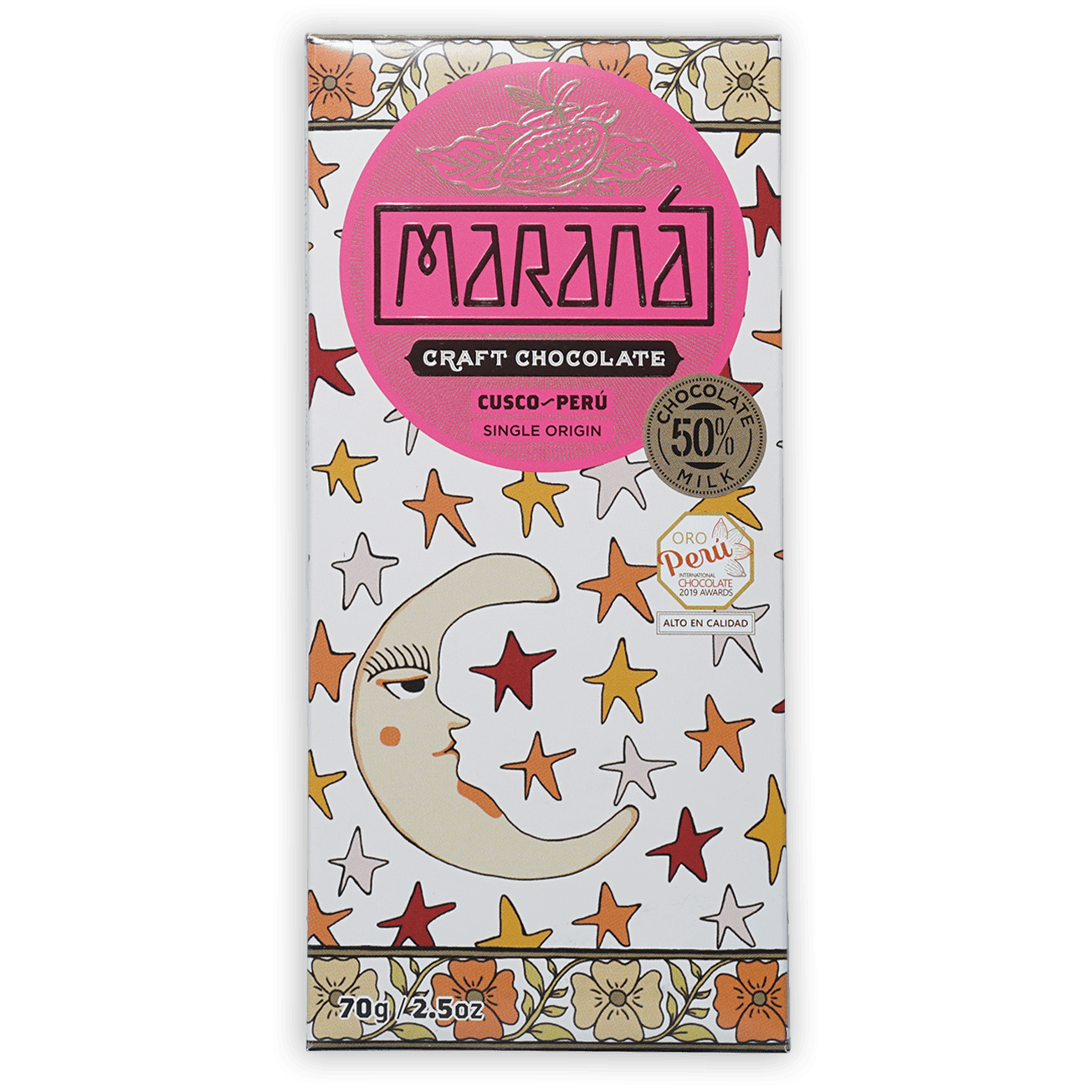 Marana Cusco Milk 50% pink white chocolate bar with moon and stars packaging