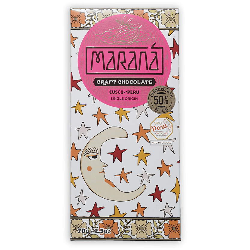 Marana Cusco Milk 50% pink white chocolate bar with moon and stars packaging