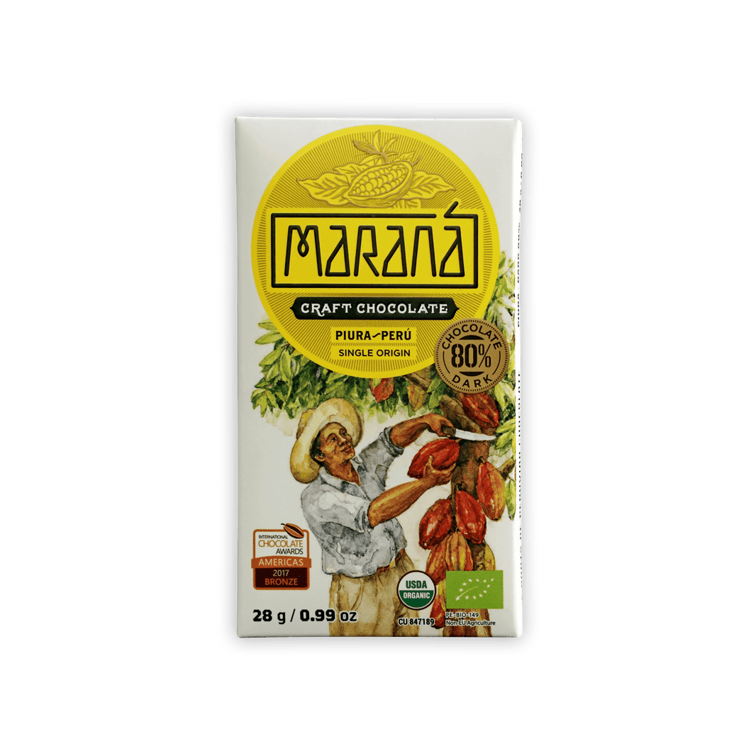 Marana 80% dark craft chocolate bar from Piura Peru in white package
