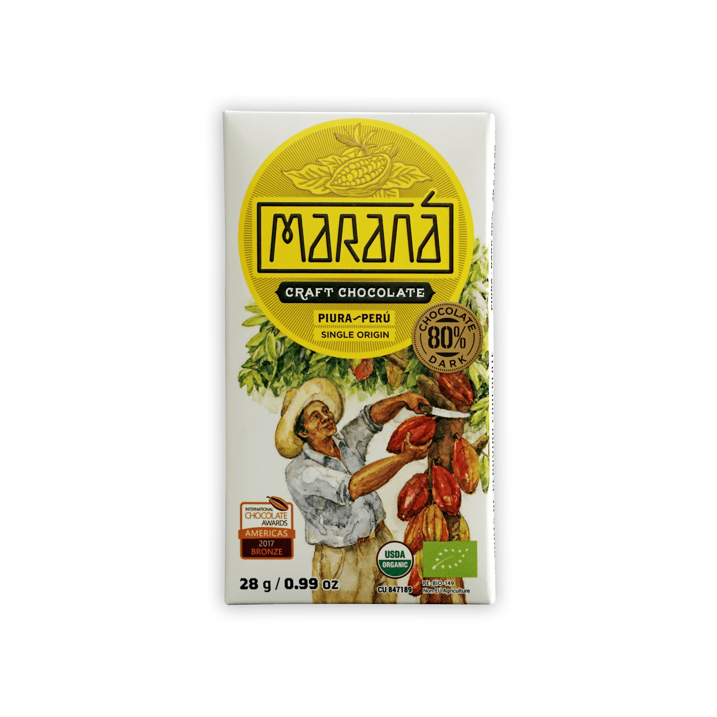 Marana 80% dark craft chocolate bar from Piura Peru in white package