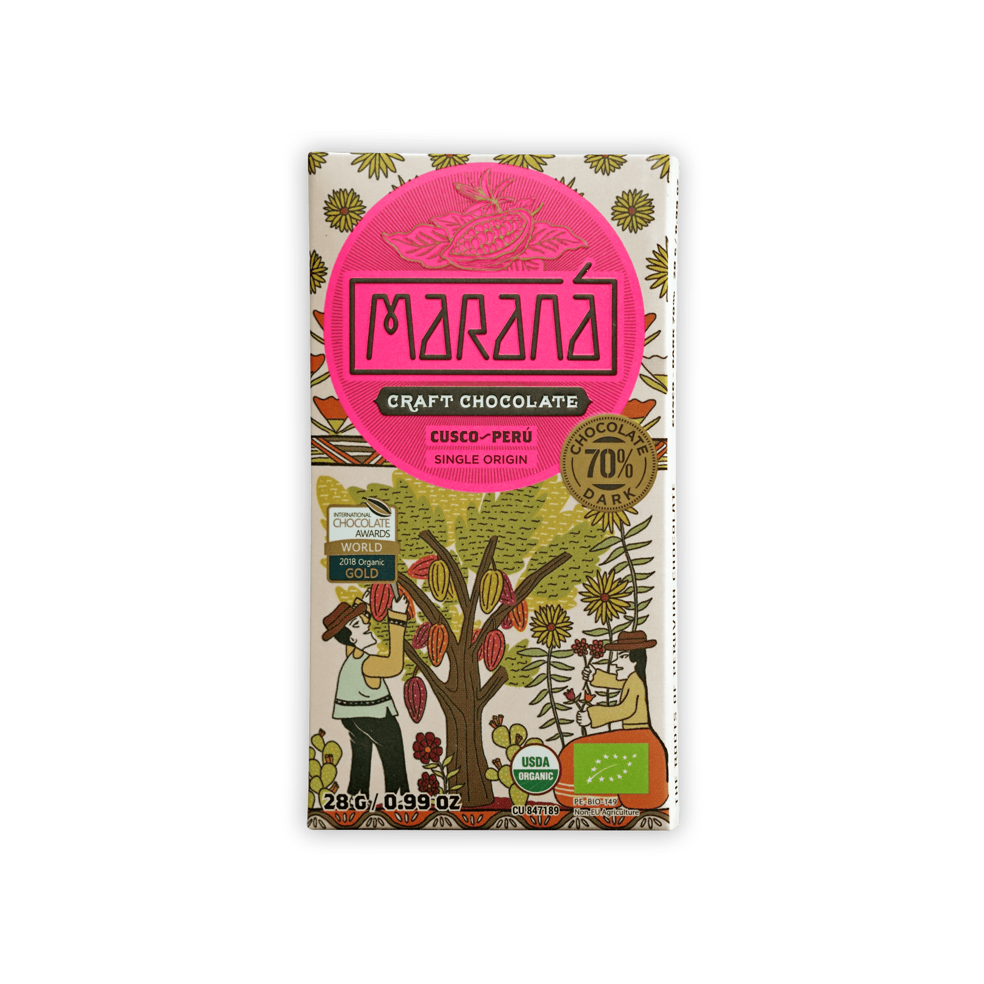 Marana Mini Cusco 70% dark chocolate bar wrapper with cocoa tree art