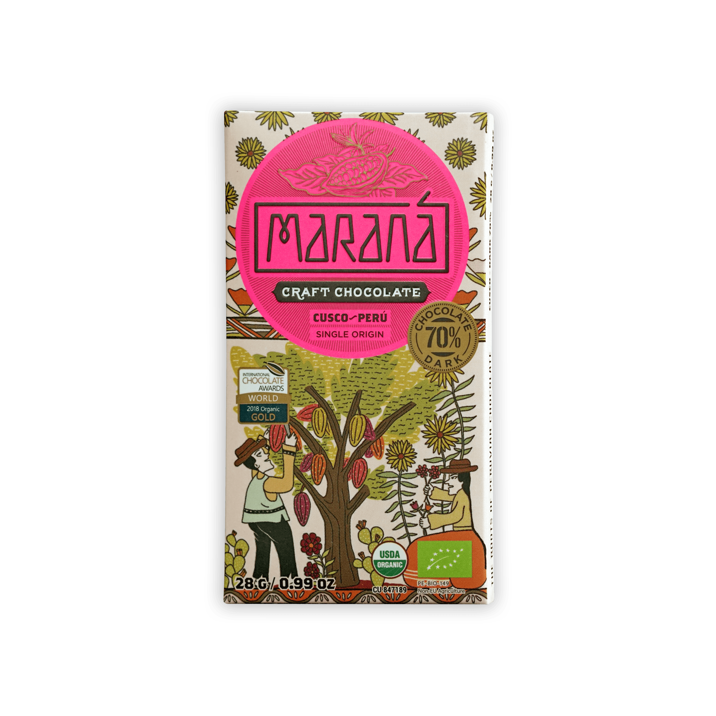 Marana Mini Cusco 70% dark chocolate bar wrapper with cocoa tree art
