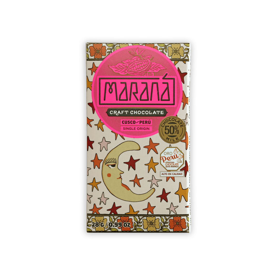 Marana Mini Cusco Milk 50% chocolate bar wrapper with pink cream moon floral design