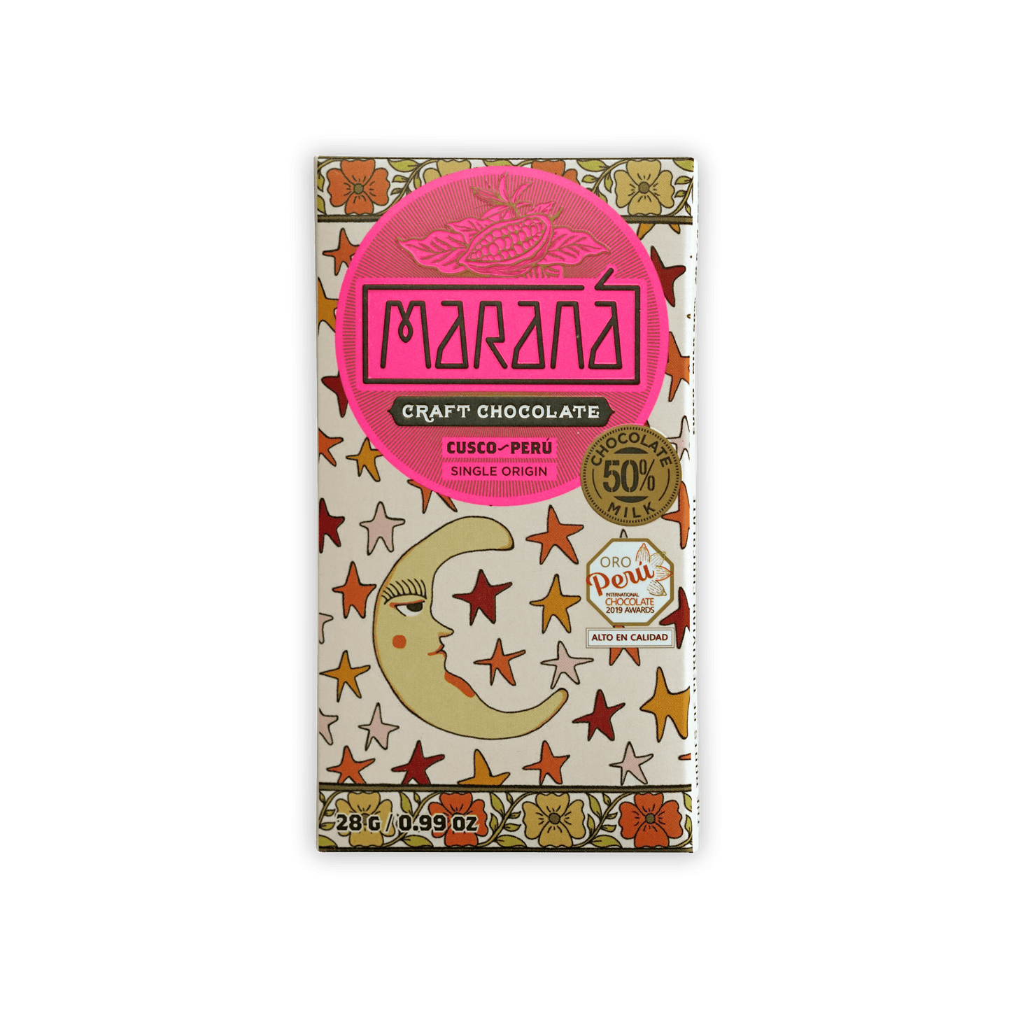 Marana Mini Cusco Milk 50% chocolate bar wrapper with pink cream moon floral design