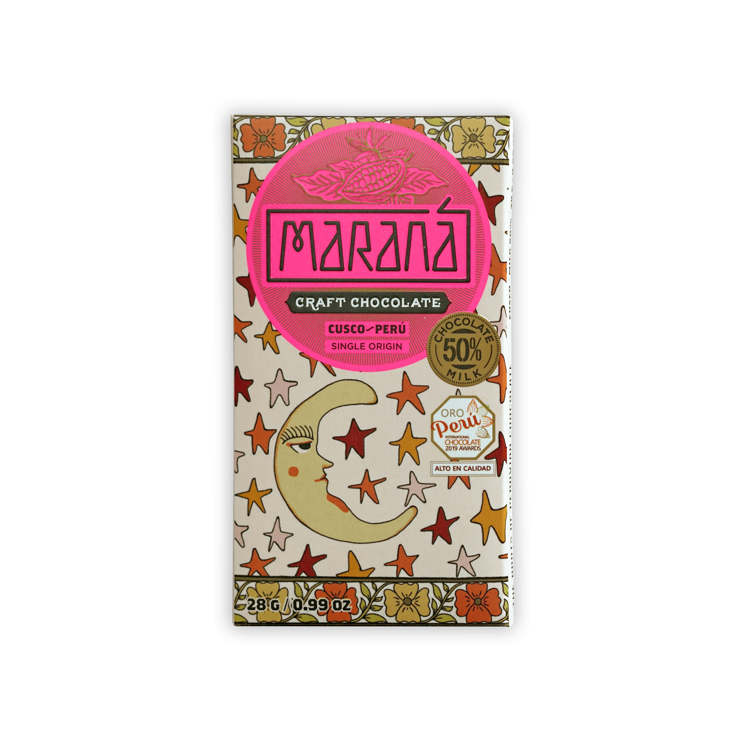 Marana Mini Cusco Milk 50% chocolate bar wrapper with pink cream moon floral design