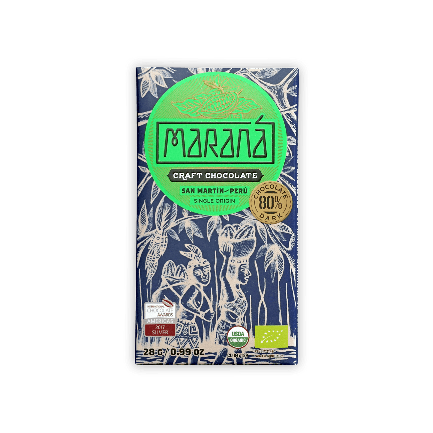 Marana Mini 80% dark chocolate bar in navy wrapper with green logo