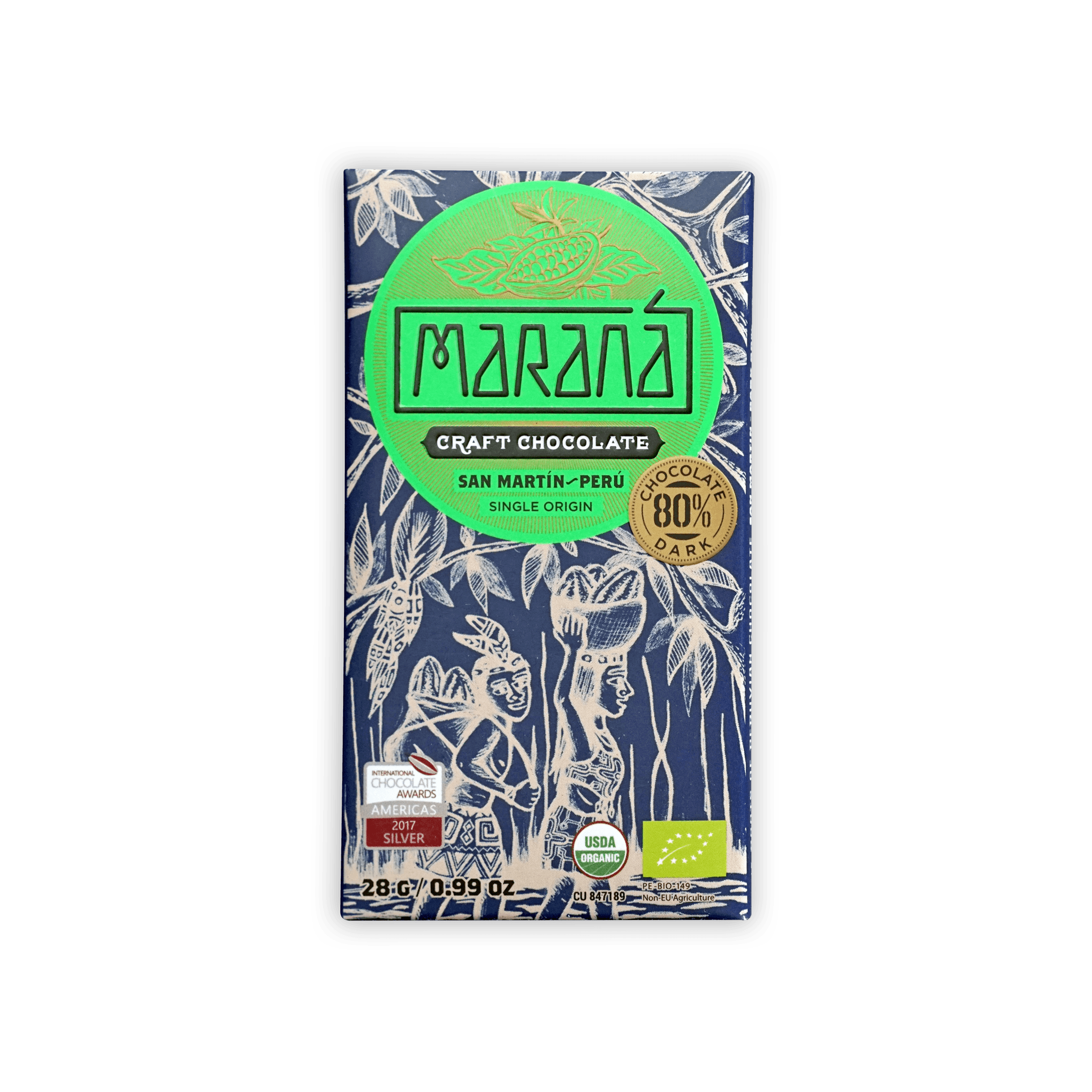 Marana Mini 80% dark chocolate bar in navy wrapper with green logo