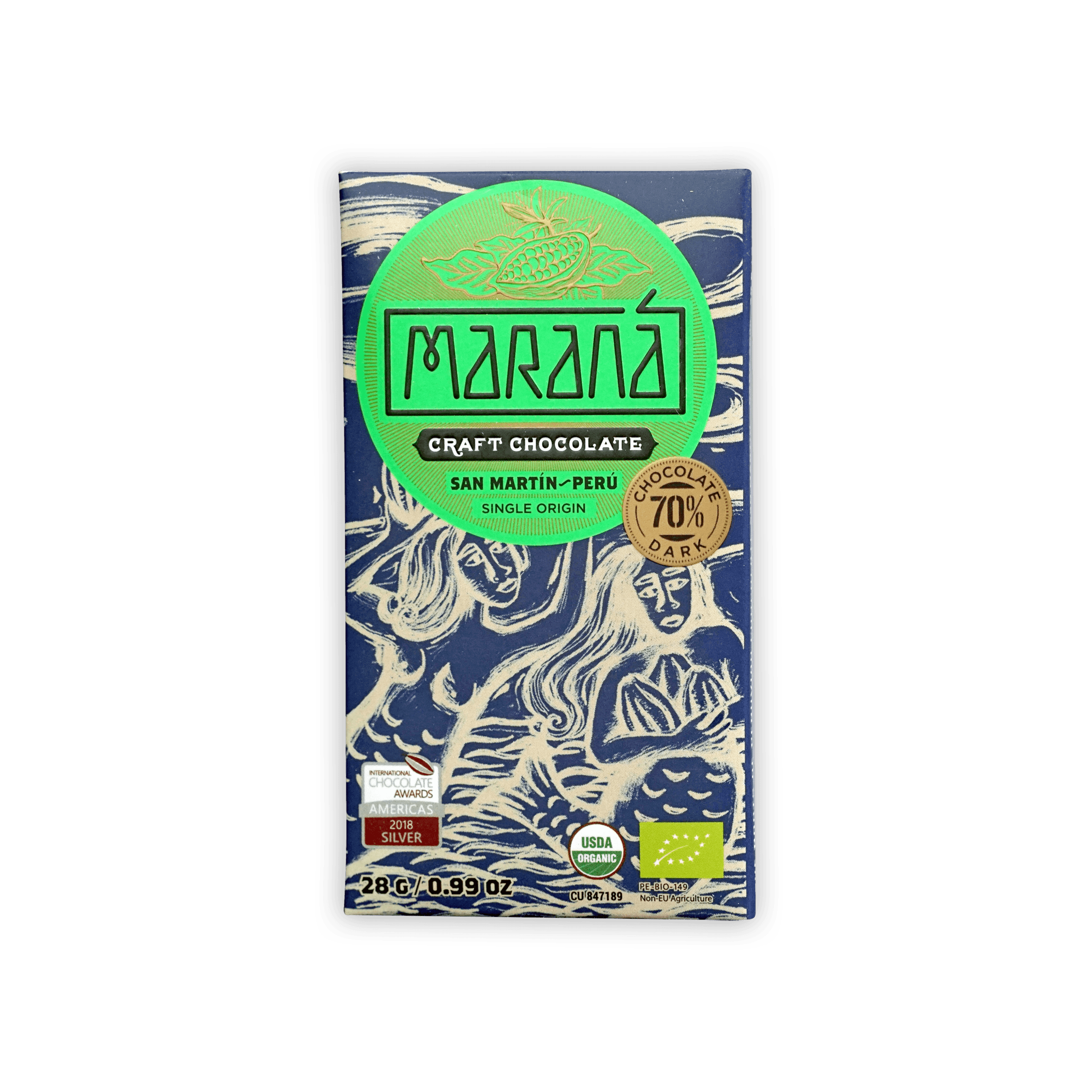 Marana Mini 70% dark chocolate bar in blue-green wrapper with white figures