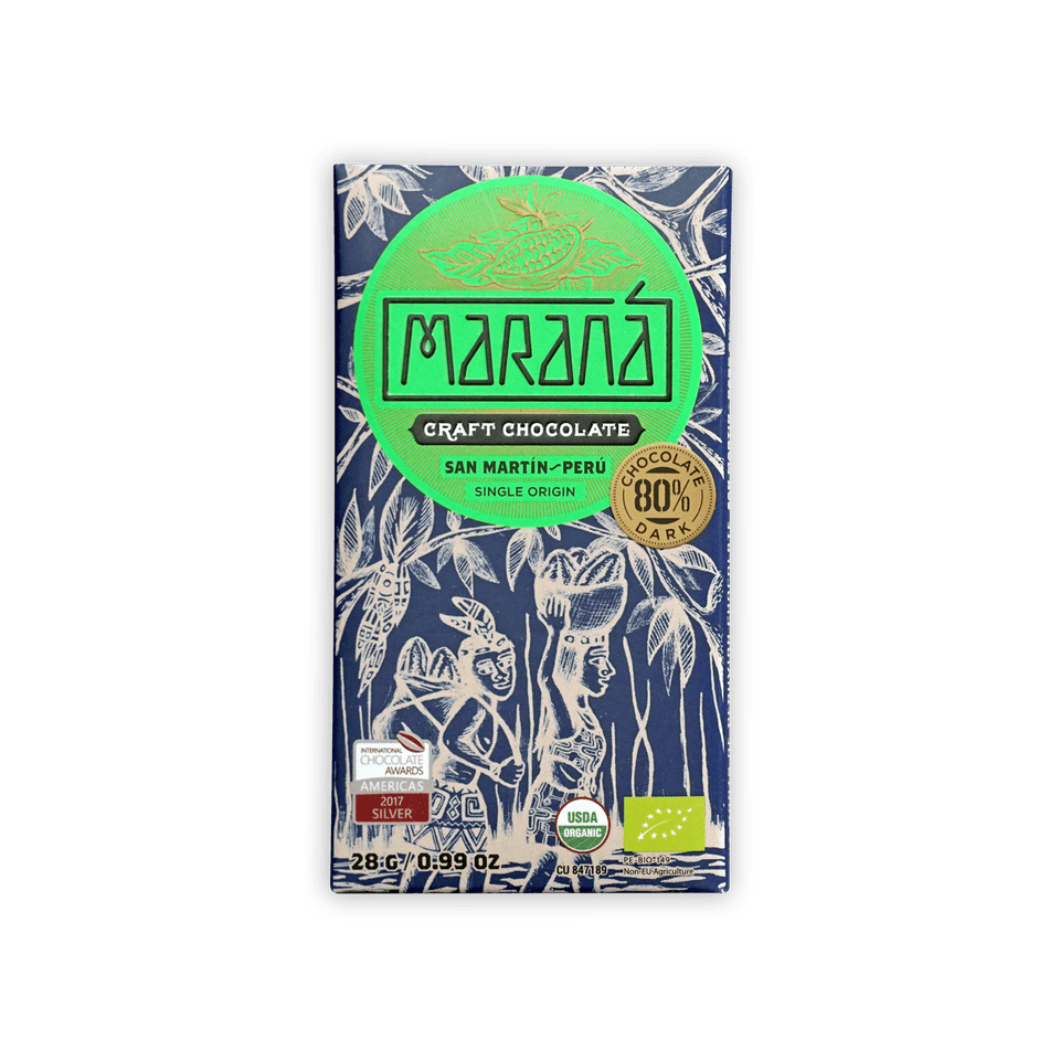 Marana Mini 80% dark chocolate bar in navy wrapper with green logo