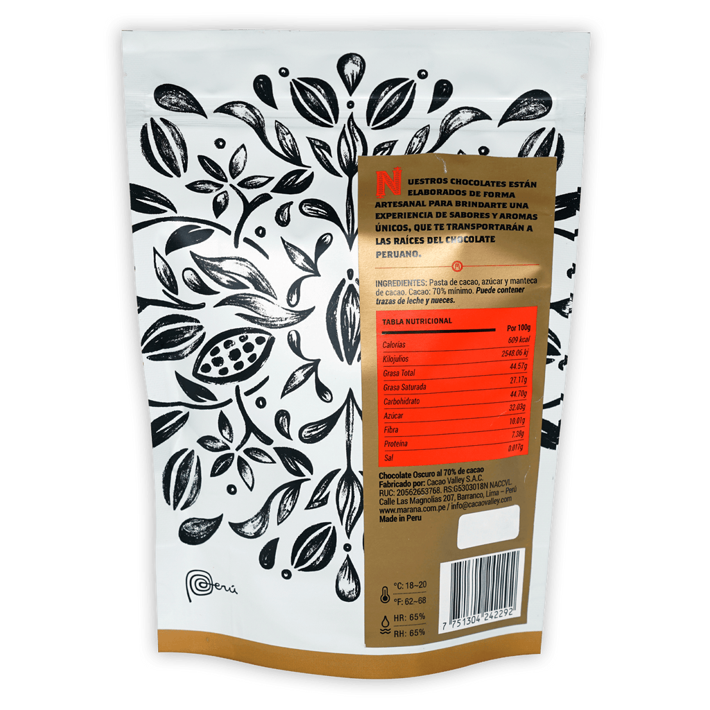 Marana Mini Square Bites Dark 70% resealable pouch back with gold nutrition label