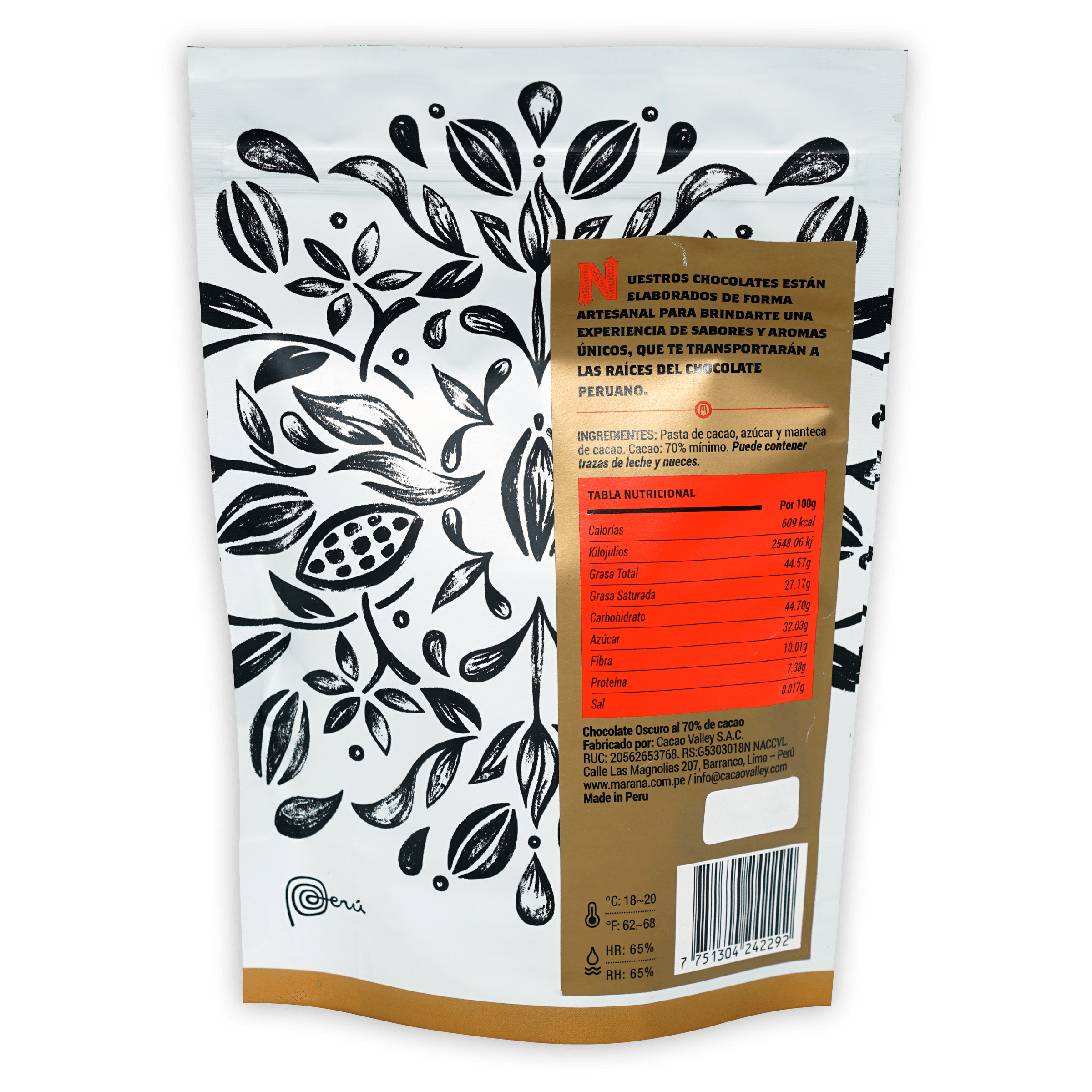 Marana Mini Square Bites Dark 70% resealable pouch back with gold nutrition label