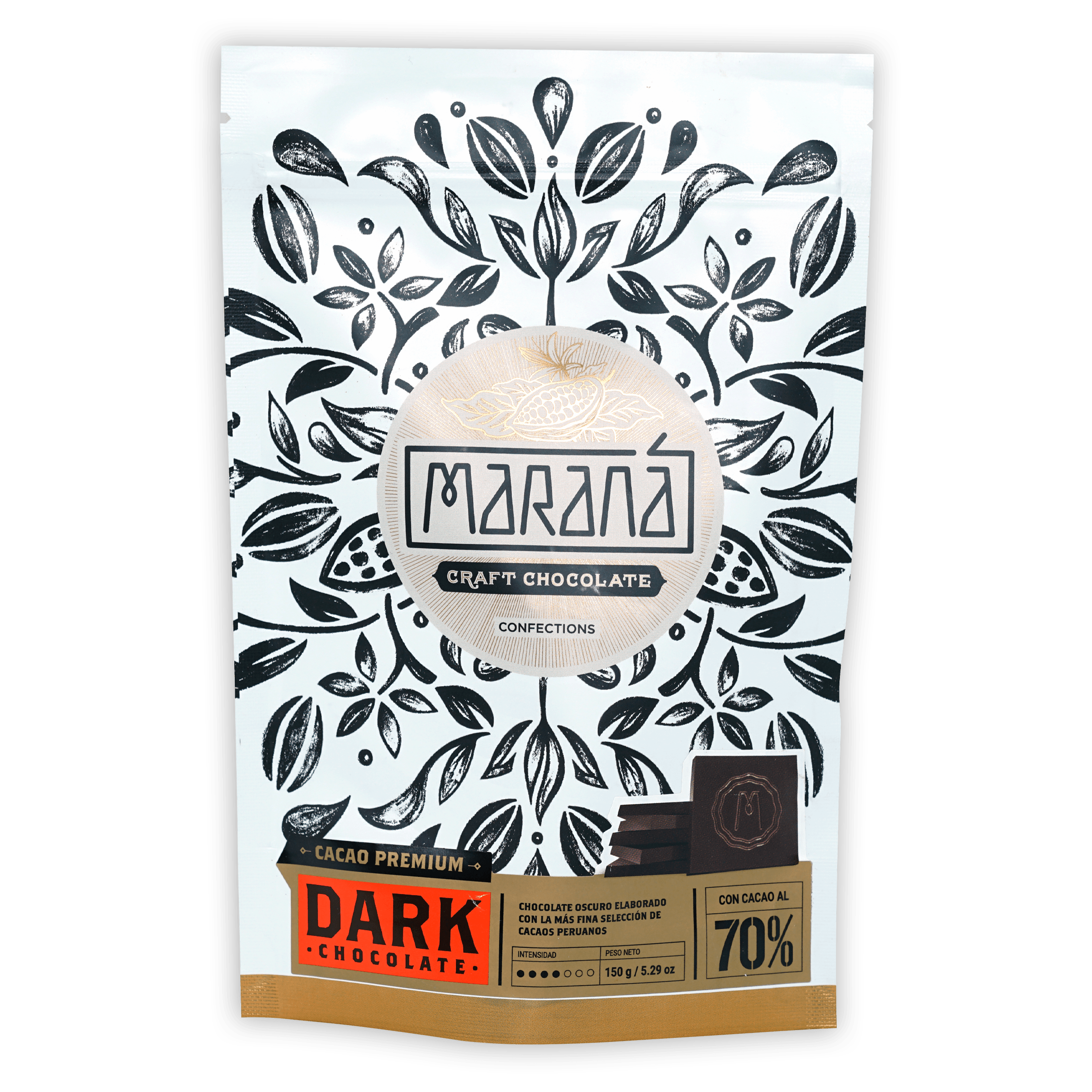 Marana Mini Square Bites Dark 70% in leaf-patterned pouch
