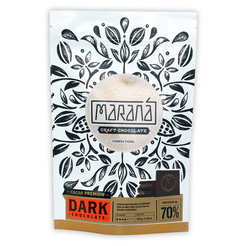 Marana Mini Square Bites Dark 70% in leaf-patterned pouch