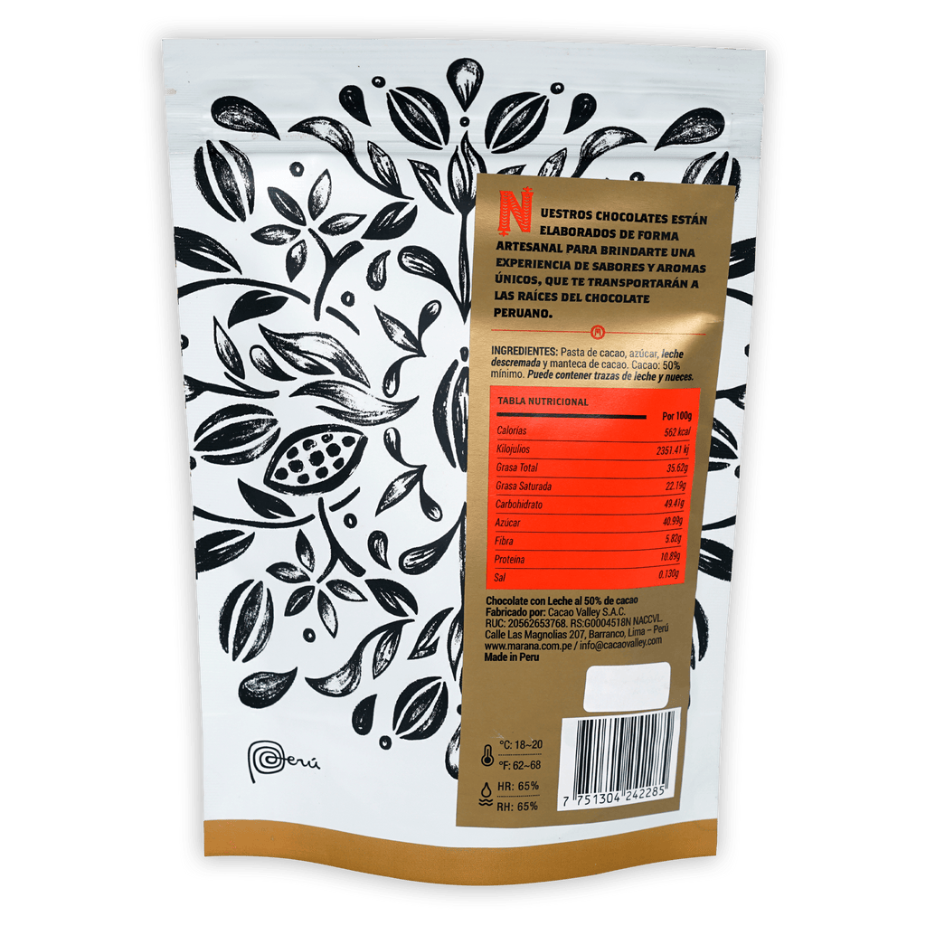 Marana Mini Square Bites Milk 50% white gold foil bag with black leafy pattern