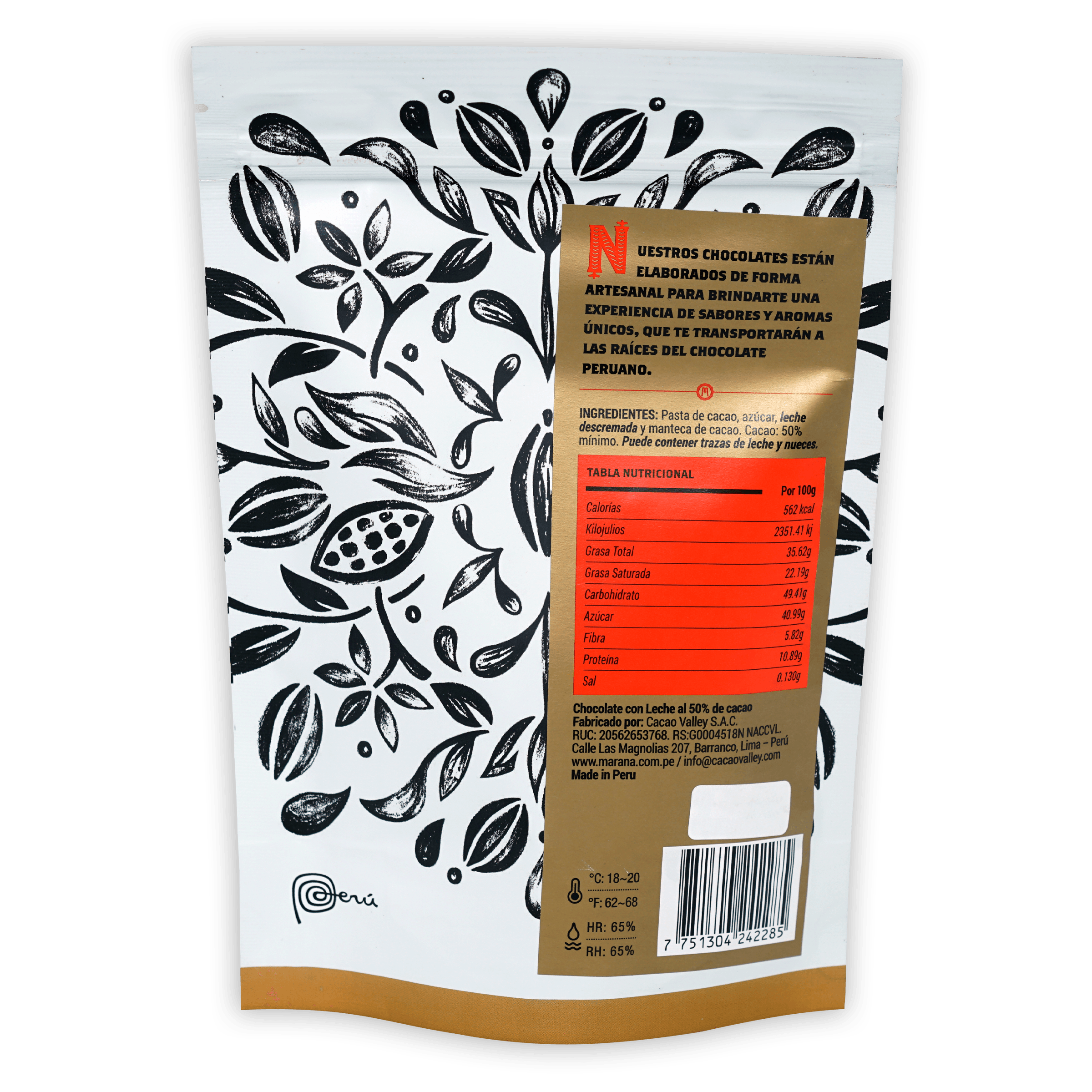Marana Mini Square Bites Milk 50% white gold foil bag with black leafy pattern