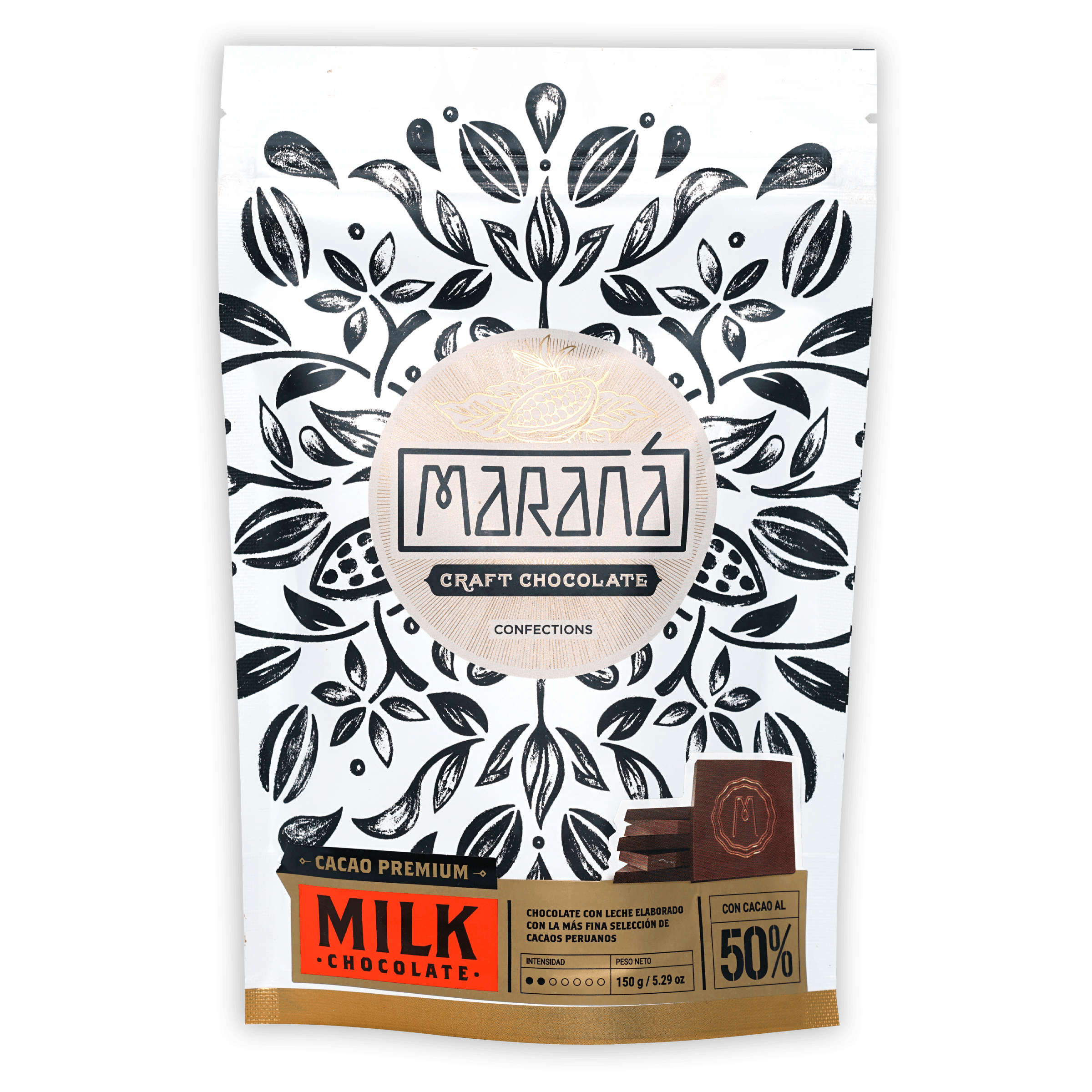 Marana Mini Square Bites Milk 50% chocolate in leaf-patterned pouch