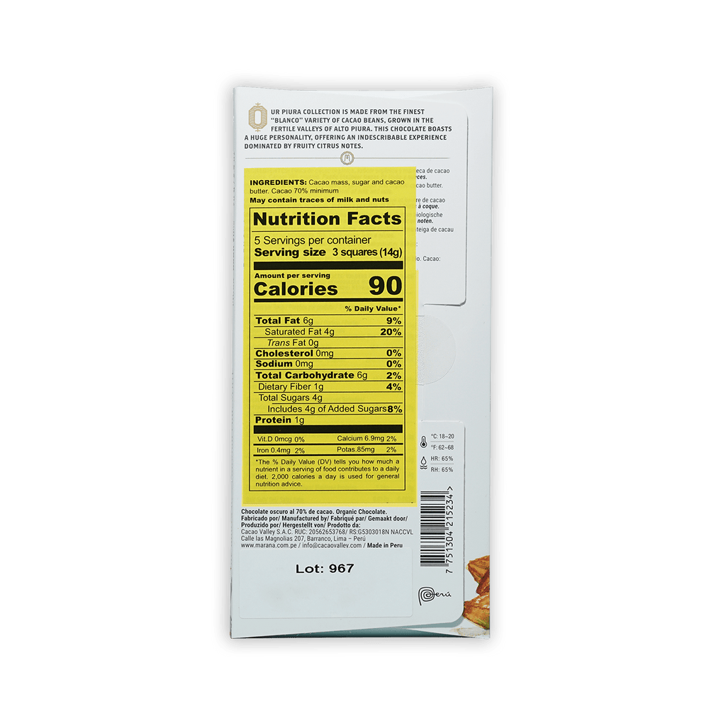 Back of Marana Piura Dark 70% chocolate bar wrapper with yellow nutrition label