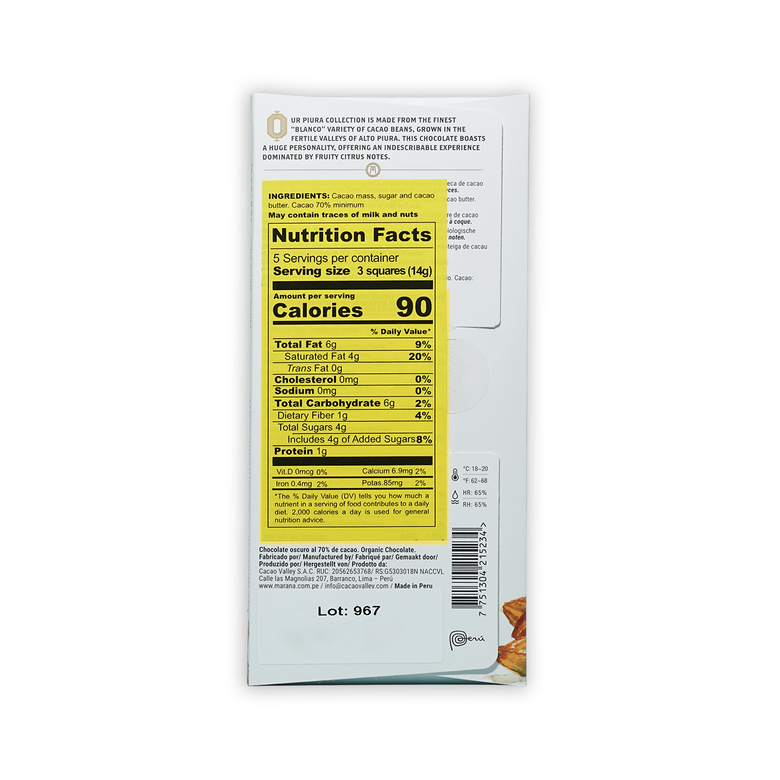 Back of Marana Piura Dark 70% chocolate bar wrapper with yellow nutrition label