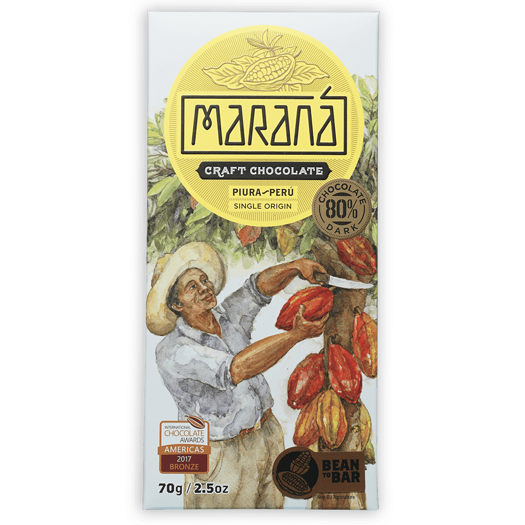 Marana Piura Dark 80% white chocolate bar wrapper with marana logo and cacao harvest illustration