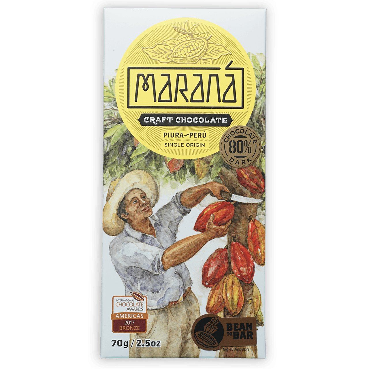 Marana Piura Dark 80% white chocolate bar wrapper with marana logo and cacao harvest illustration