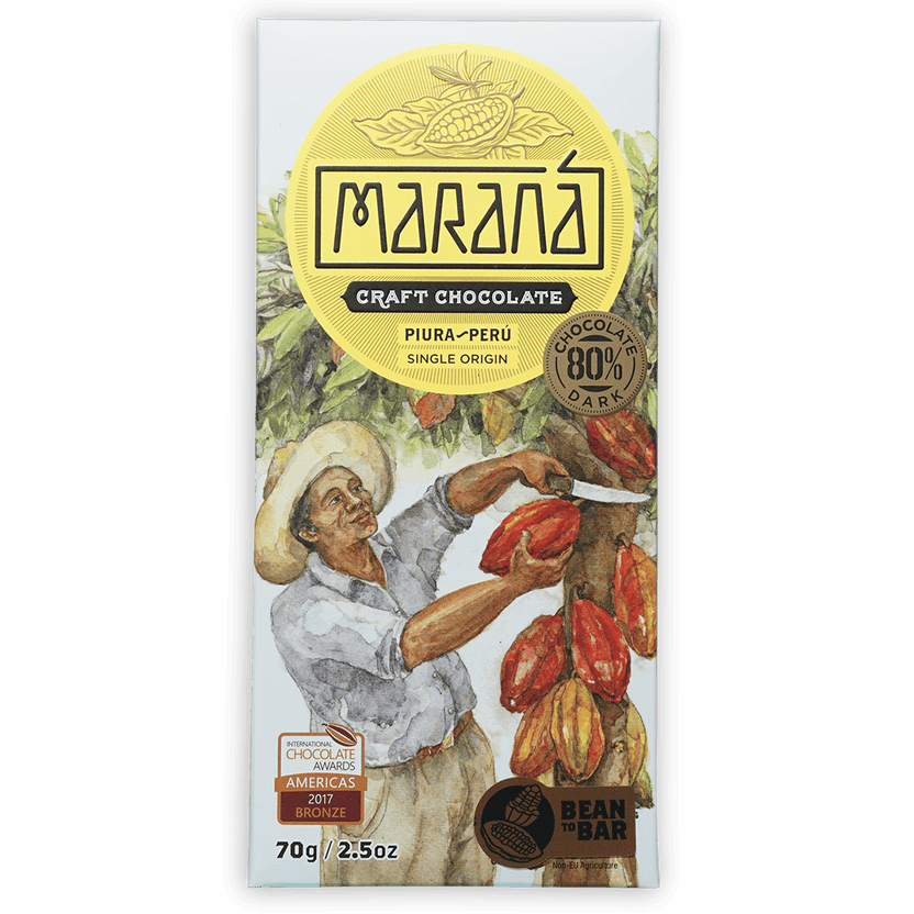Marana Piura Dark 80% white chocolate bar wrapper with marana logo and cacao harvest illustration
