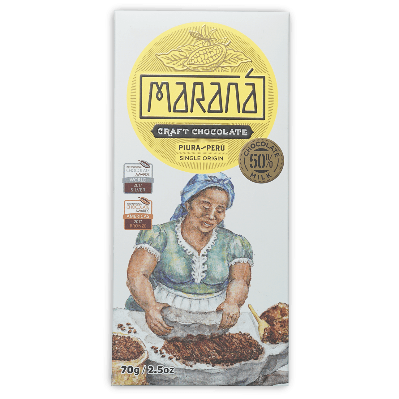 Marana Piura Milk 50% craft chocolate bar with watercolor cocoa worker art