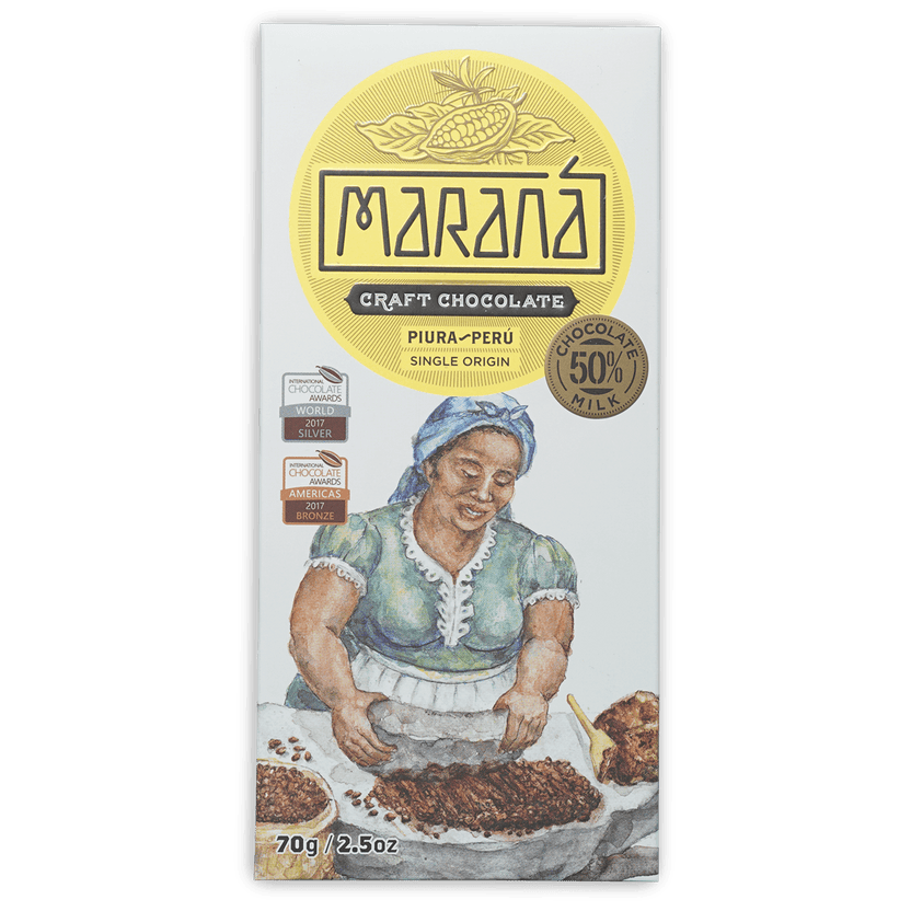 Marana Piura Milk 50% craft chocolate bar with watercolor cocoa worker art
