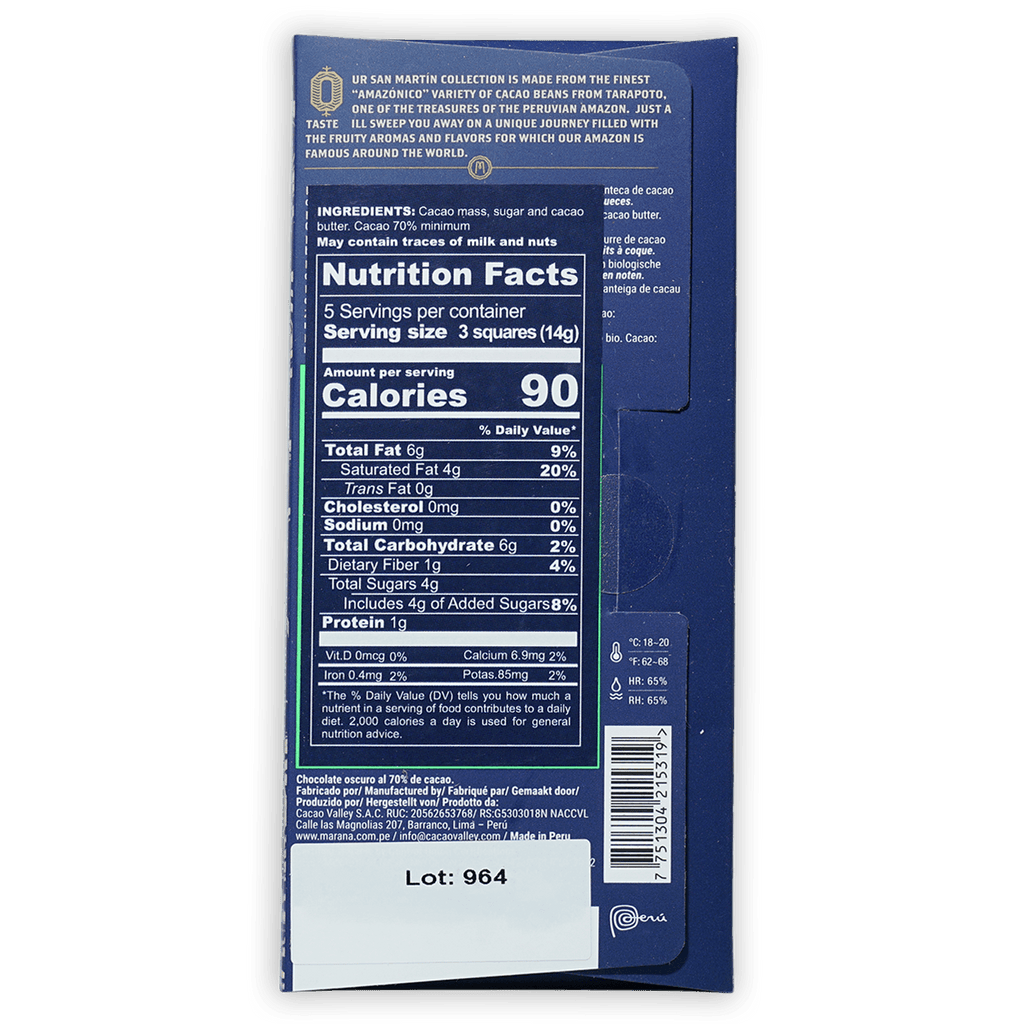 Marana San Martin 70% dark blue chocolate bar wrapper with Ur San Martin branding