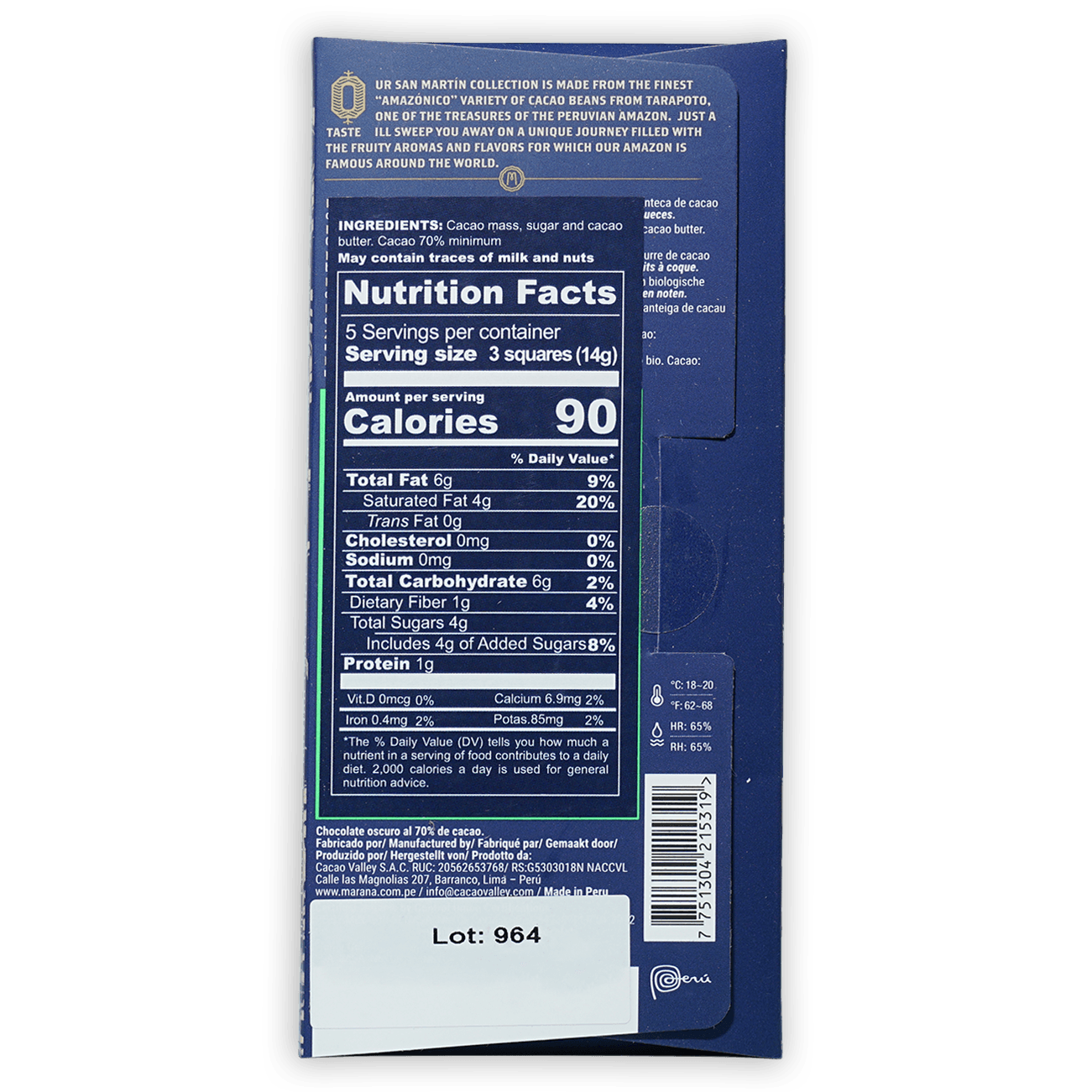 Marana San Martin 70% dark blue chocolate bar wrapper with Ur San Martin branding