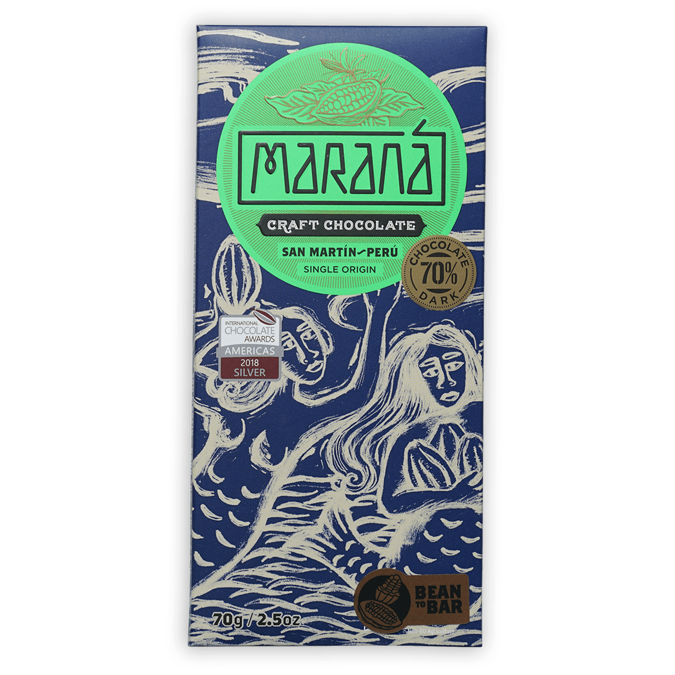 Marana San Martin 70% dark chocolate bar in blue white green wrapper