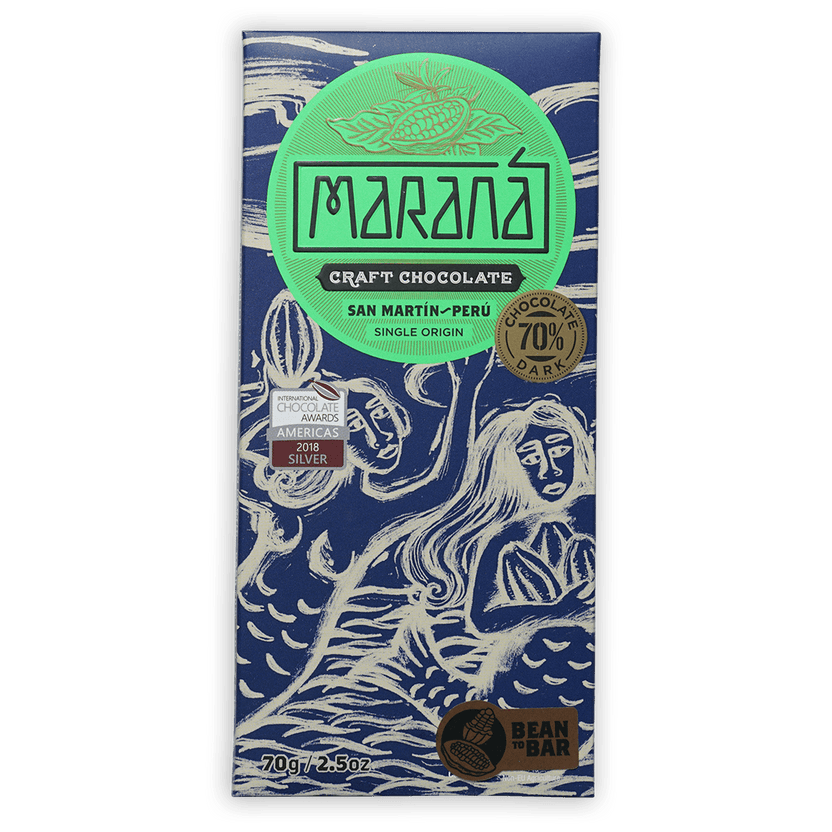Marana San Martin 70% dark chocolate bar in blue white green wrapper