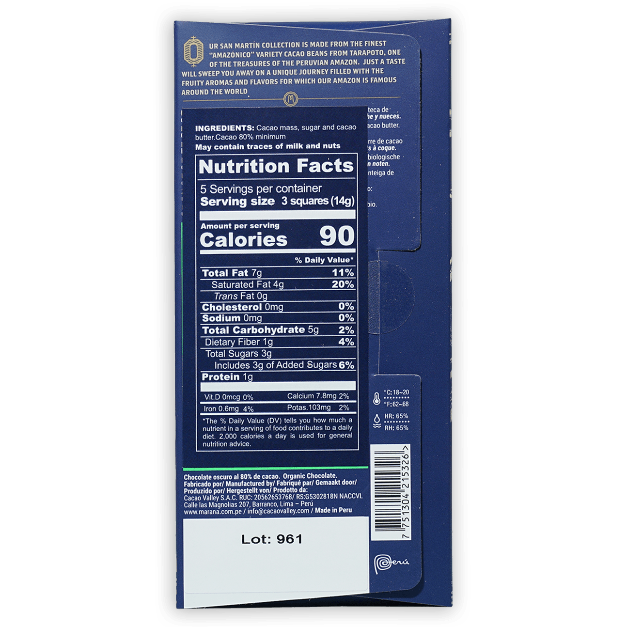 Marana San Martin 80% dark blue chocolate bar wrapper with Ur San Martin branding