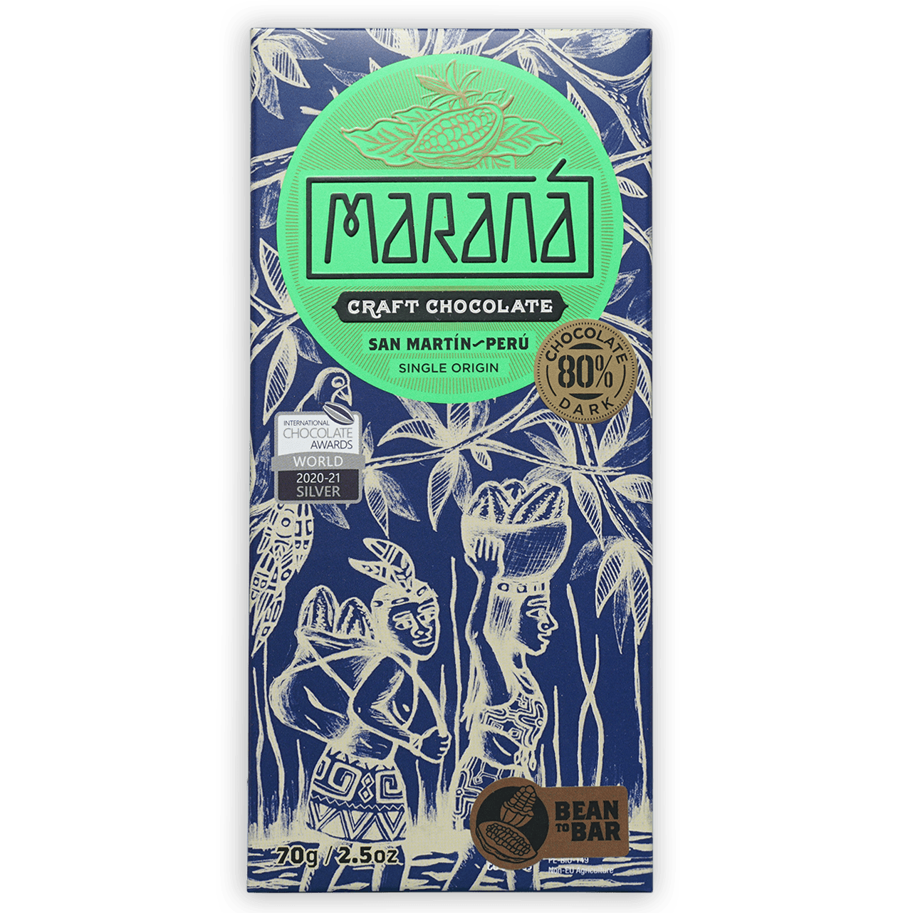 Marana San Martin 80% dark chocolate bar in blue wrapper