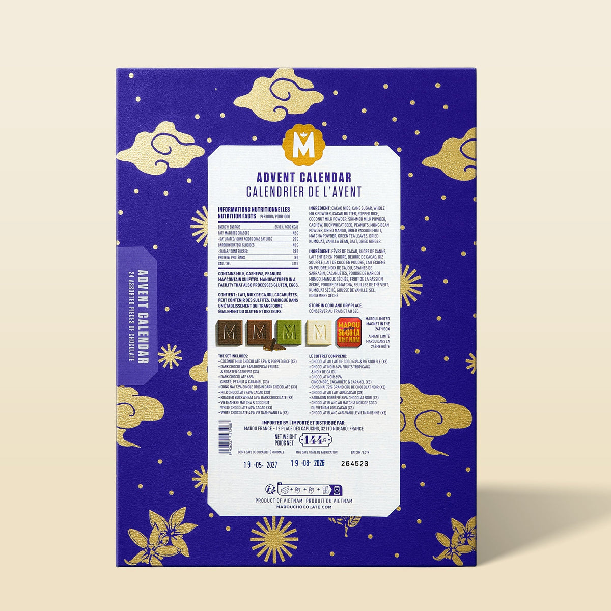 Back of the blue Marou advent calendar showing nutrition facts, ingredients and the list of eight flavors