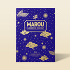Deep blue Marou advent calendar with gold clouds, labeled 24 assorted pieces of single origin chocolate in 8 flavors