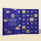 Marou advent calendar opened to 24 numbered blue and gold doors, five of them spelling MAROU