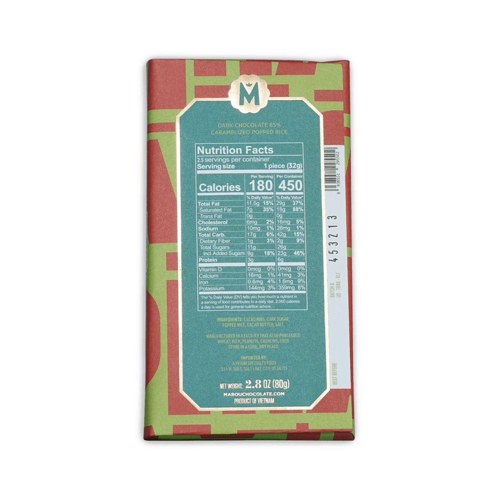 Marou Maison Popped Rice 65% dark chocolate bar with colorful geometric wrapper