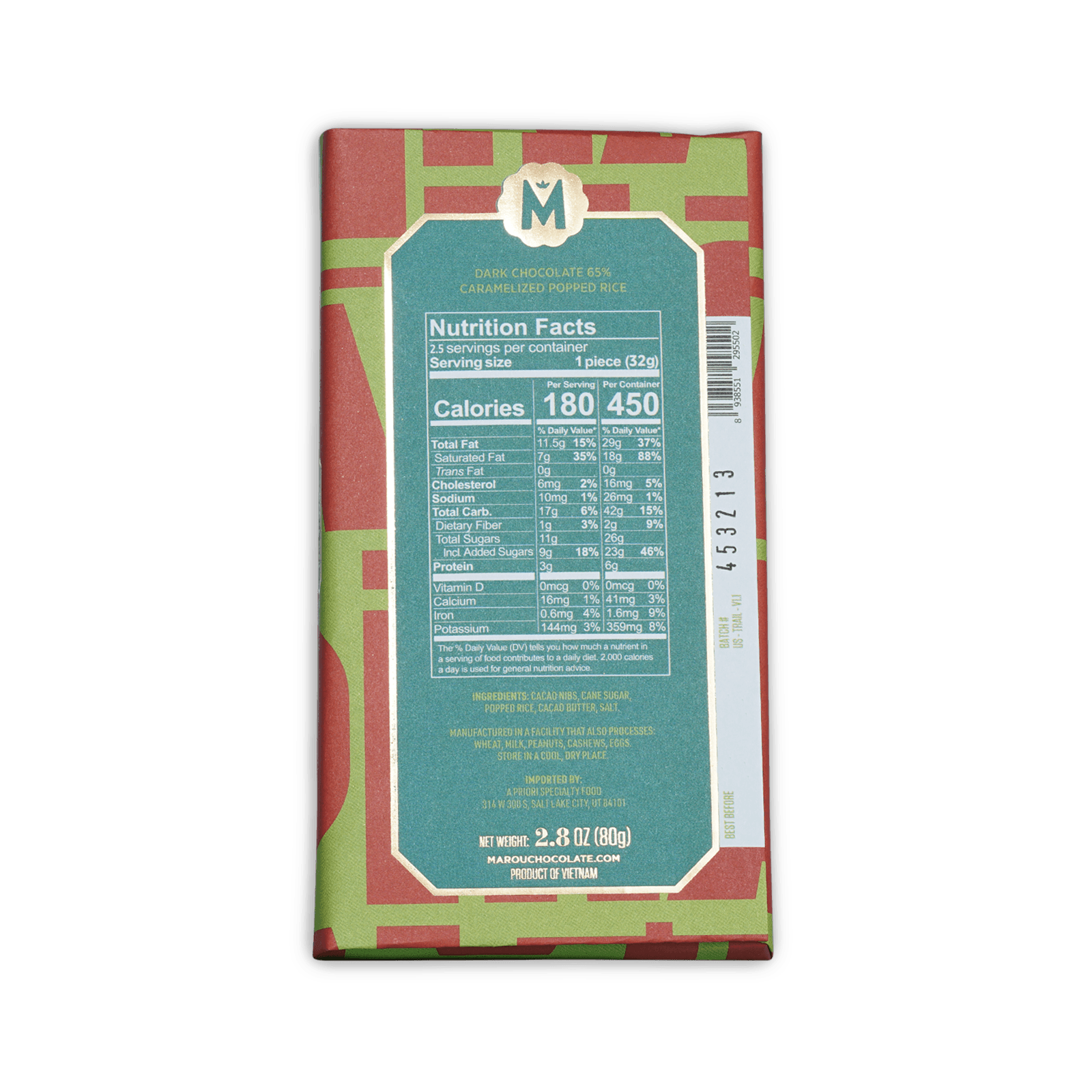 Marou Maison Popped Rice 65% dark chocolate bar with colorful geometric wrapper